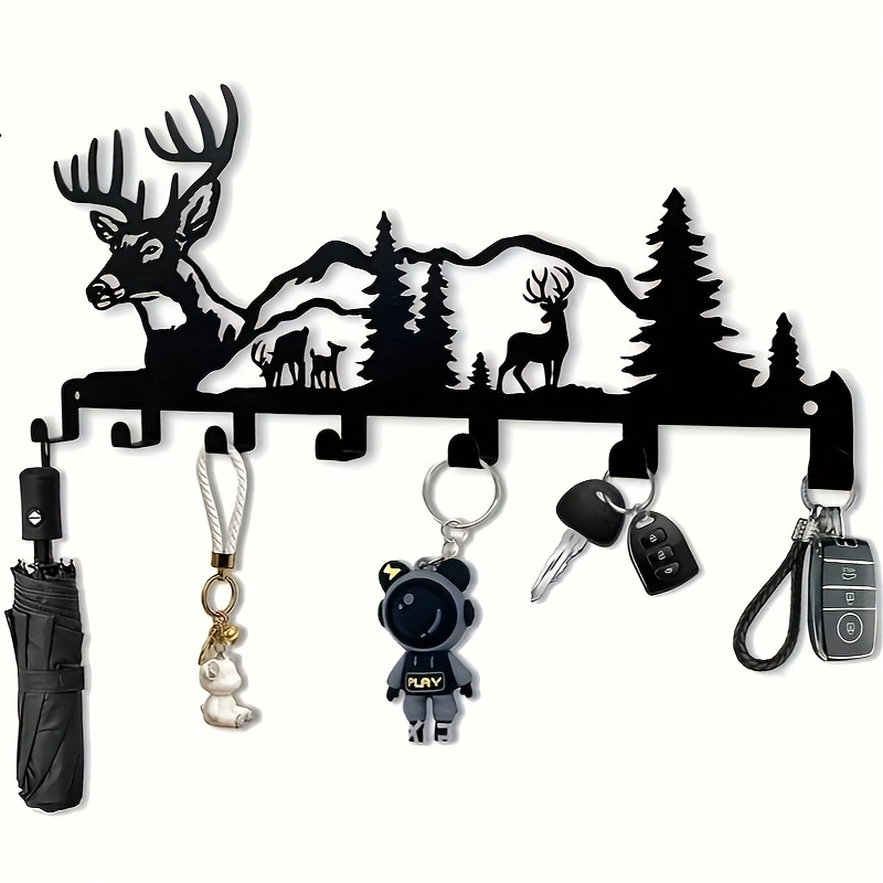 

Rustic Deer Silhouette Metal Wall Key Holder With 7 Hooks – Iron Mount For Keys, Plant Hangers, Bird Feeders & Outdoor Decor – For Indoor & Garden Use