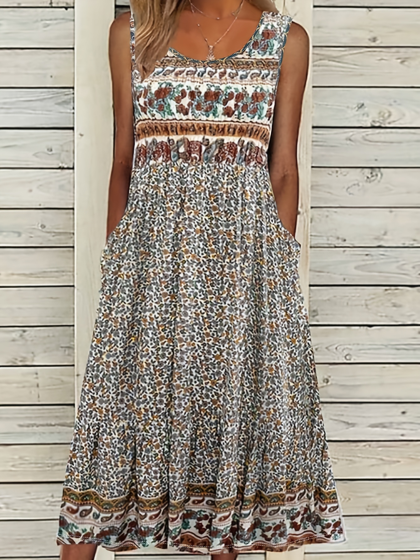 women's vintage floral neck maxi dress with flowy flared skirt -  lightweight breathable machine washable spring summer casual to semi-formal  dress, semiformal attire, no stretch fabric - women's clothing - Temu United