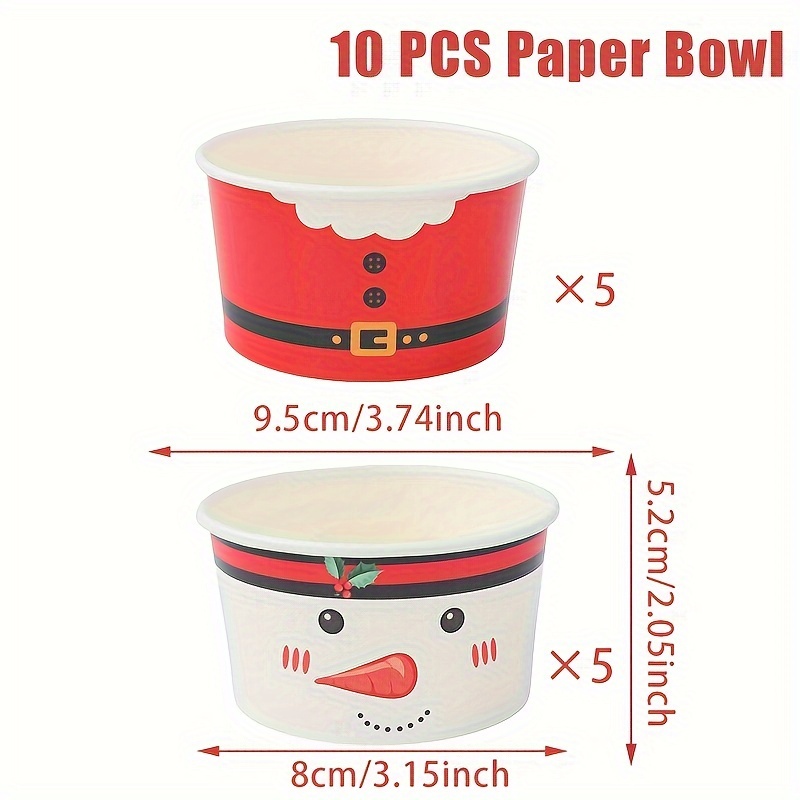Image of Of 10 Disposable Paper Bowls Featuring Santa Claus And Snowman Designs, Perfect For Serving Ice Cream, Yogurt, Popcorn, And At Birthday Parties And Christmas Gatherings With For