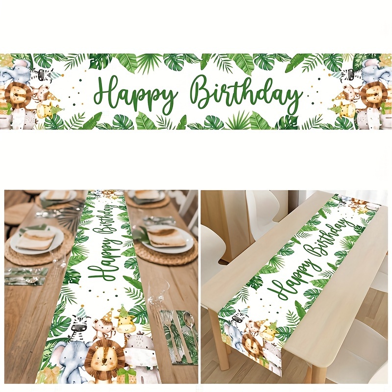 

1pc, Green Forest Jungle Animal Happy Birthday Table Runner, 180 * 35cm Polyester Table Flag, Wild Safari 1 Year Birthday Party Decoration, Animals Theme Birthday Decor,green Leaf 1st Birthday Suppies