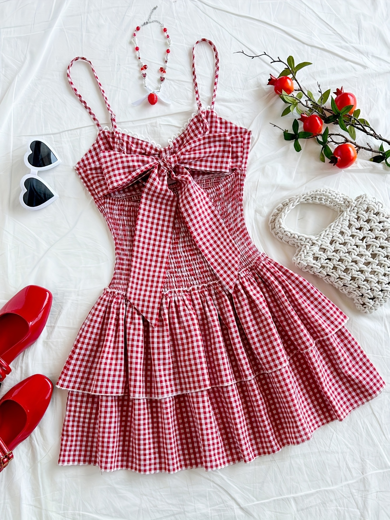 red and white gingham off the shoulder dress English Factory