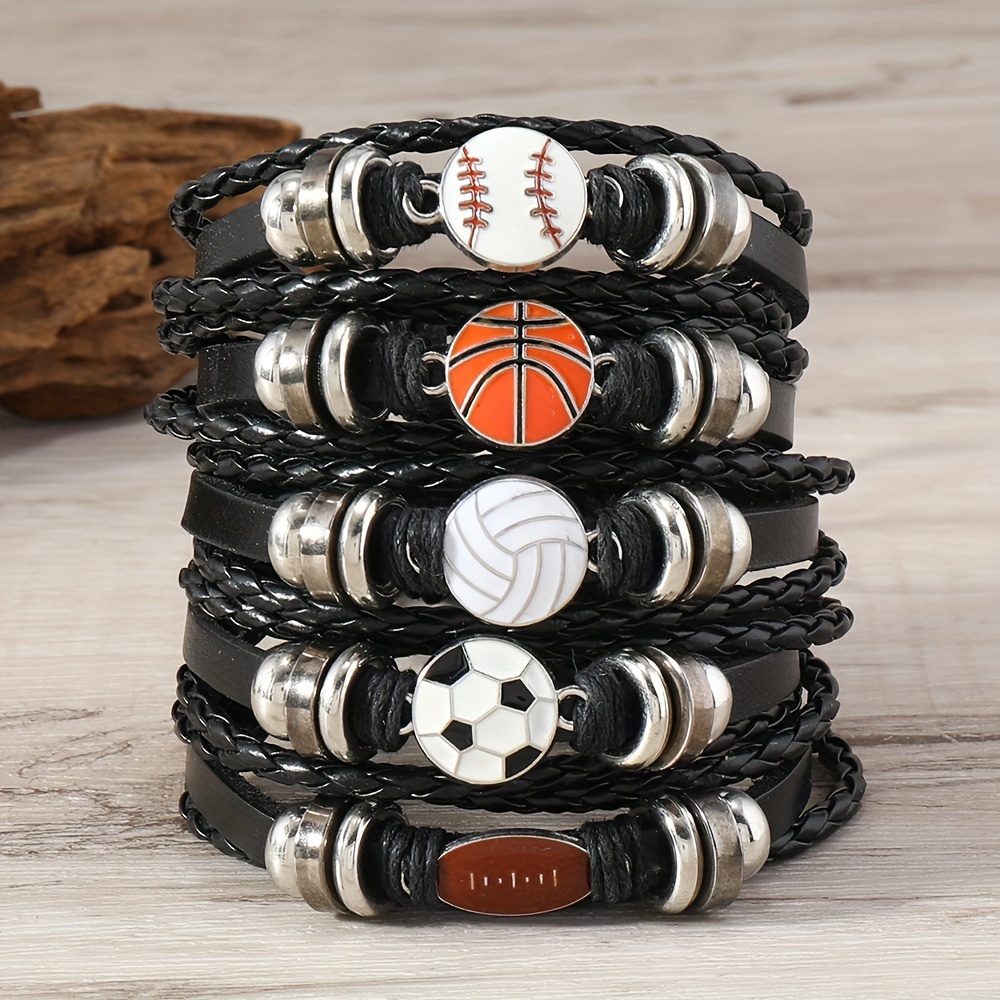 

Sports Themed Braided Bracelets Set - Fashion Pu Leather Wristbands With Basketball, Soccer, Baseball, Volleyball & Football Charms, Adjustable Casual Jewelry, 5-piece Set For Unisex Accessory