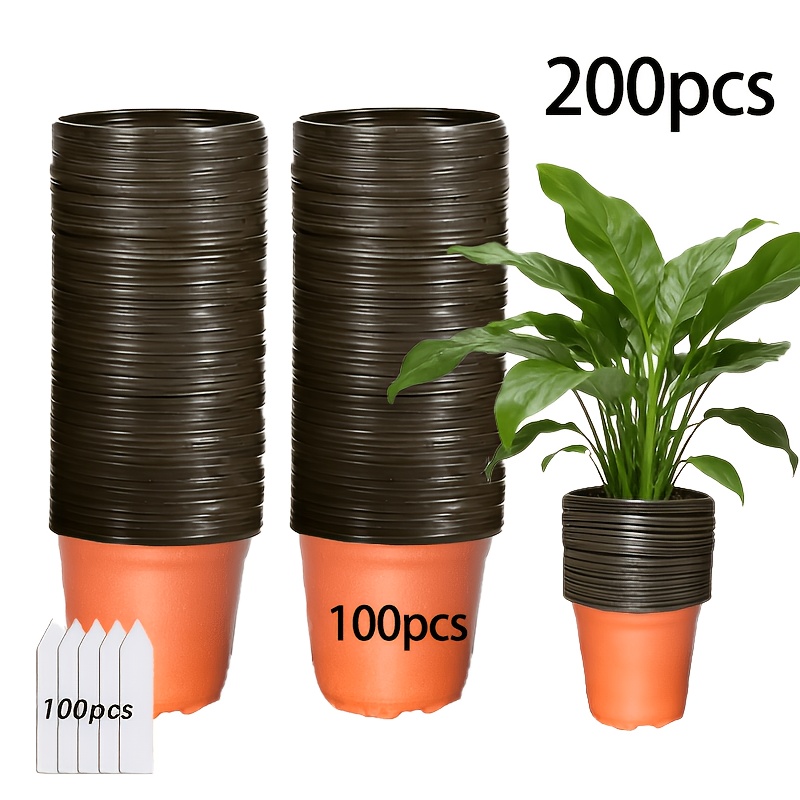 E-shop 50/100/200 Pflanzentöpfe + Einzelne Pflanzenetiketten – Kunststoff-Pflanzschalen mit Drainagelöchern zur Vermeidung von Wurzelfäule,