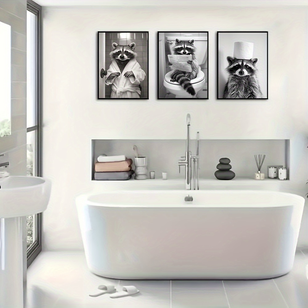 2d Flat, 2d Flat, 3pcs Living Raccoon Decor, Funny Bathroom Decor, Raccoon In Bathtub Poster Funny Animal Canvas Wall Art Print, Bathroom Office Home Wall Decor, Unframed