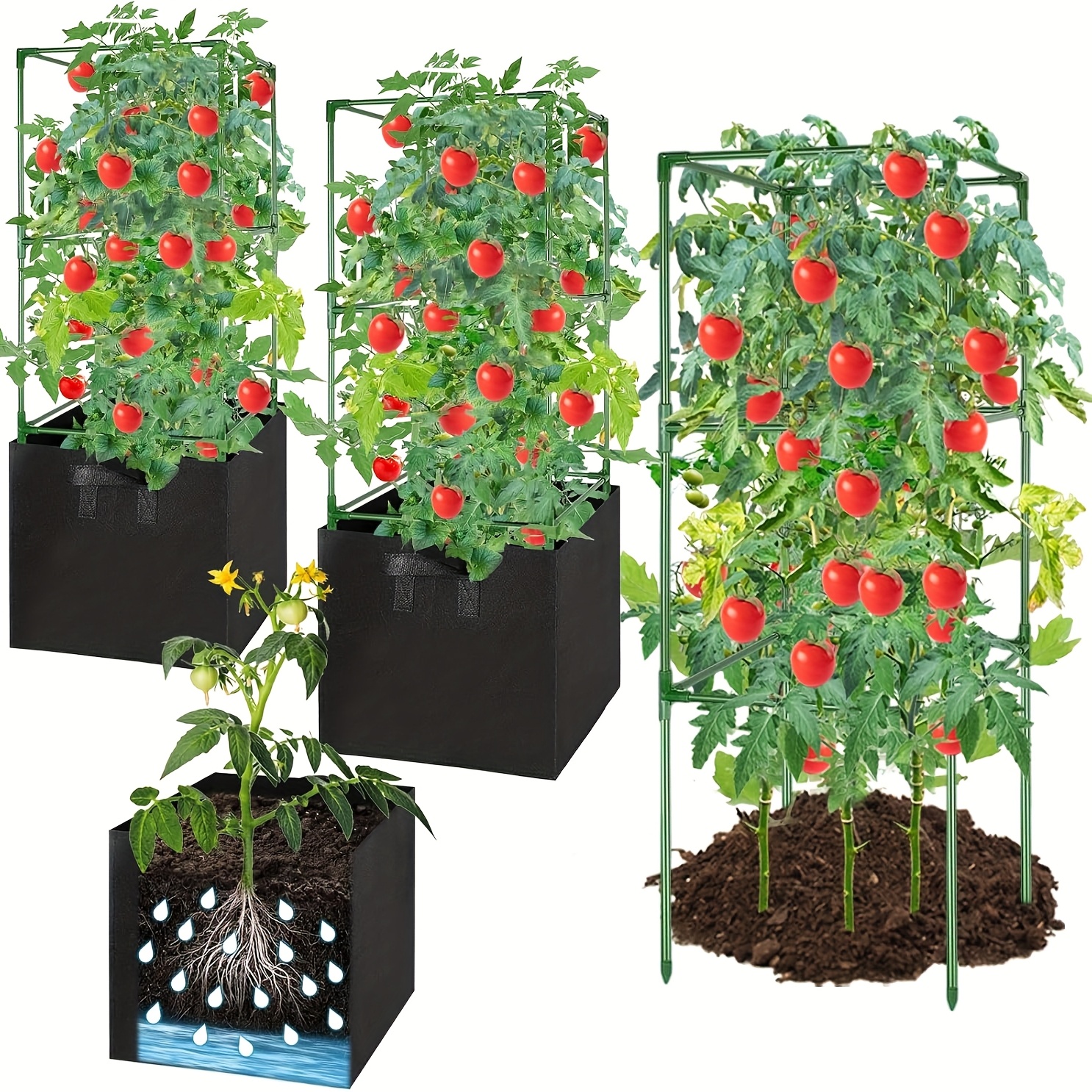 TEMU 3 Pack Tomato Cages With 17 Gallon Grow Bags, 47" Heavy Duty Plant Stakes Support Cages Trellis For Garden Climbing Vegetables Flowers Fruits