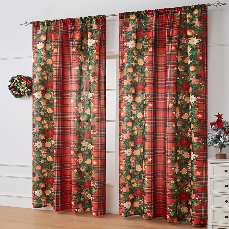 TEMU 2pcs Christmas Theme Printed Fruit Party Festive Decoration Blackout Curtain With Rod Pocket