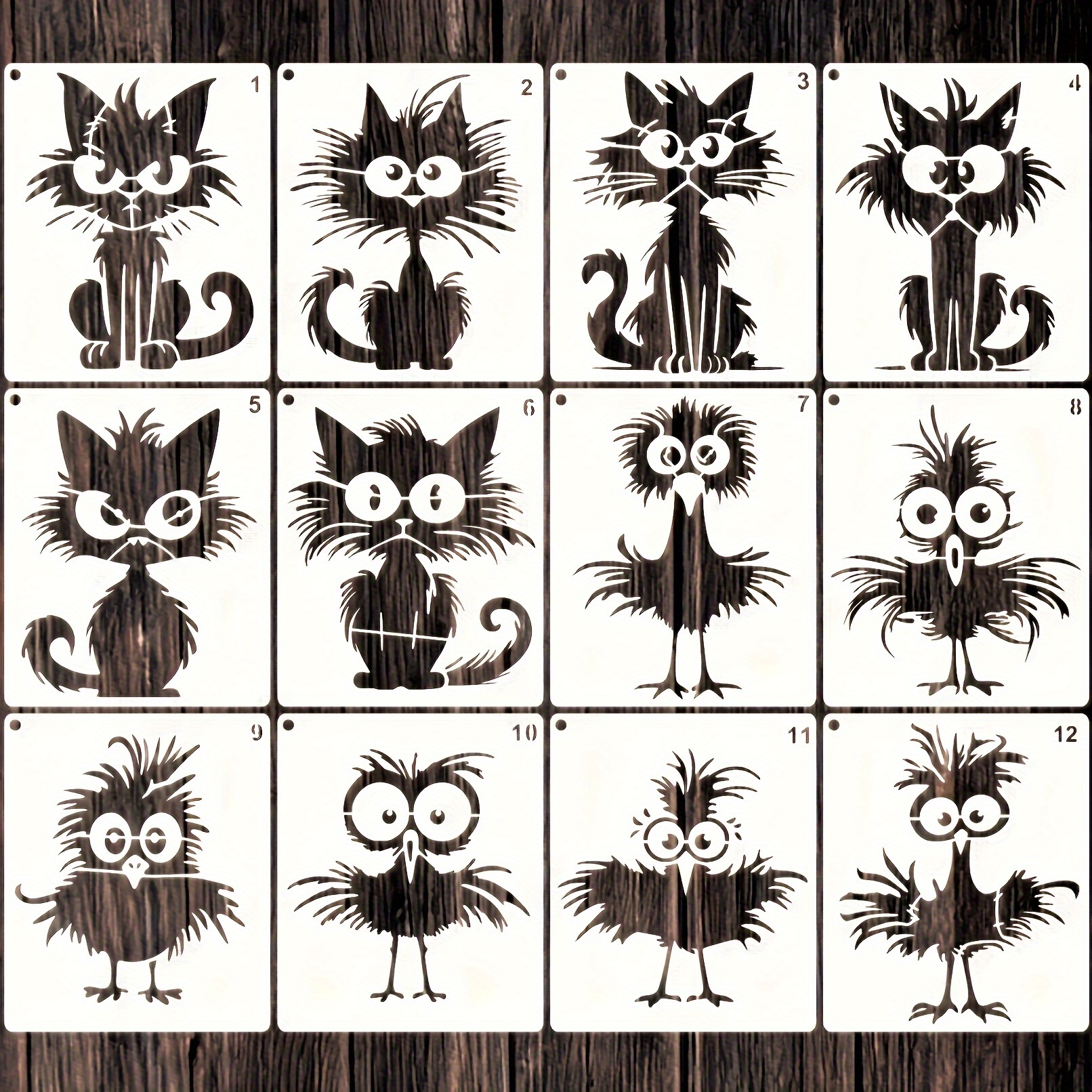 

12pcs Cartoon Birds Cartoon Cat Stencils For Painting Crafts Reusable Painting Pattern Templates For Diy Scrapbook Sign Shirt Canvas Wall Furniture Floor