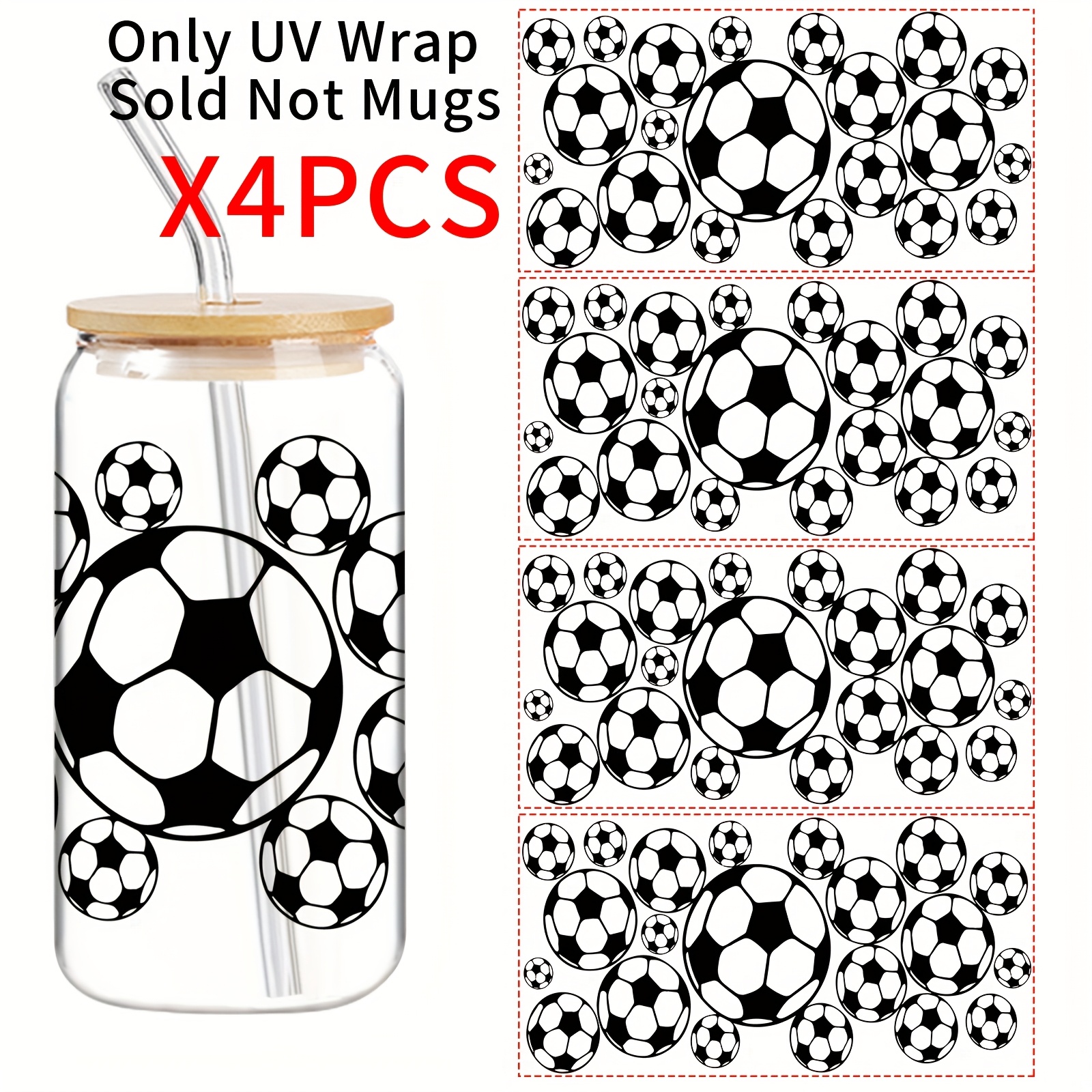 Image of 4pcs/set Uv Dtf Transfer Stickers, Football Pattern Stickers, Theme, Suitable For 16oz Glass, Bottle, Drink Stickers, Diy High Quality Self-adhesive Stickers, Birthday Holiday Gifts For Football Fans