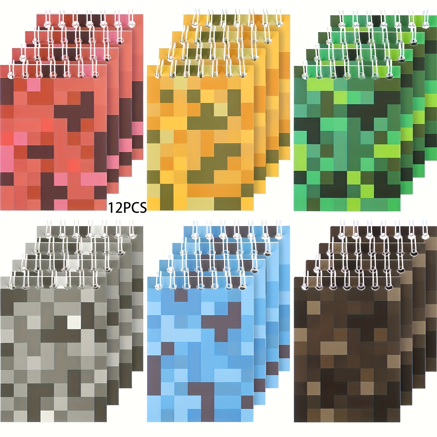 Image of 12pcs Notepads - Vibrant Game-inspired Pocket Notebooks With Pixelated Designs In Red, Orange, Green, Blue, & Brown For Birthday Party Favors &