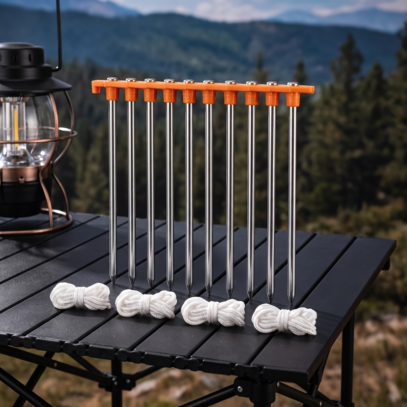 TEMU 10 Pack Tent Stakes 18cm Heavy Duty Metal Tent Pegs With 4 Wind Ropes, Outdoor Camping Ground Nails For Tent, Canopy, Tarp