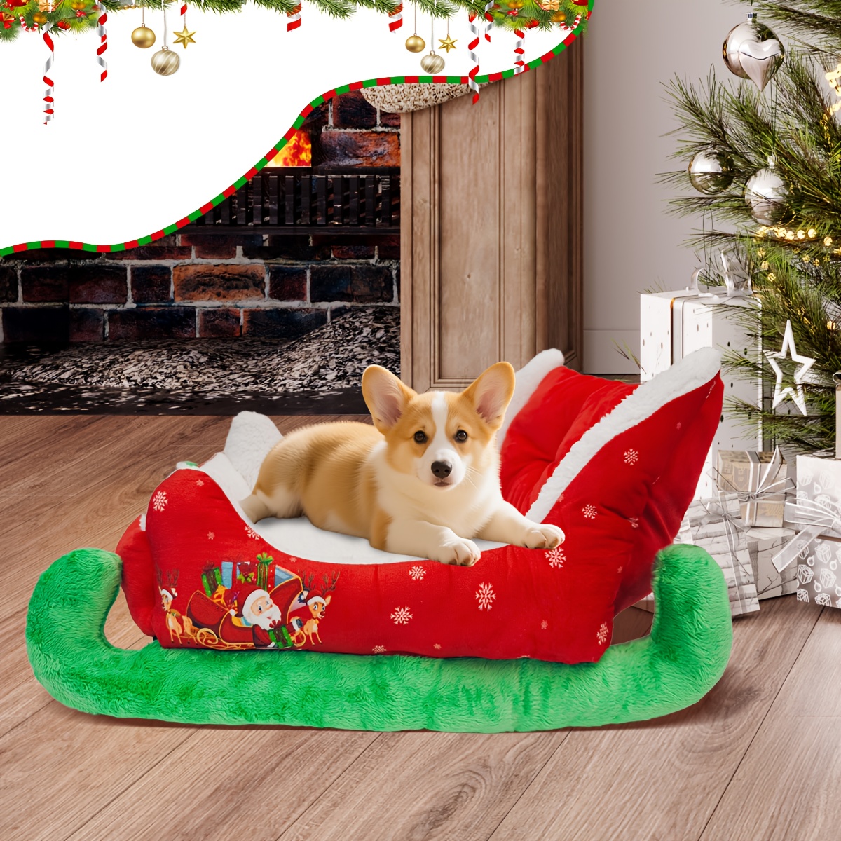 heated christmas sleigh pet bed with removable washable cover -   thickened dog bed with plush filling, red & green festive design with white fur trim, sturdy frame &   - ideal for large/small/  dogs,   house, cozy winter bed for home decor, no  ,   gift,   fabric Product details 0