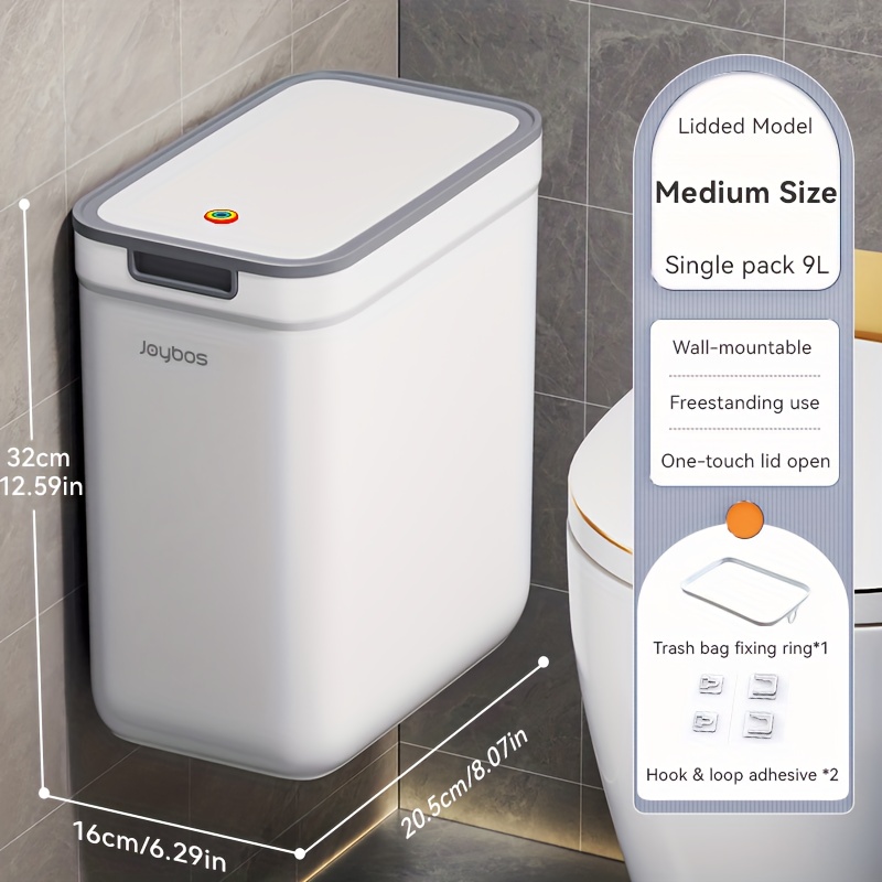 Covered Bathroom Trash Can, 2.38 Gallons/9 Ultra-thin Plastic Bin With Pop-up Lid, Mini Waste Basket For Kitchen, Bedroom, Office, Laundry Room, Toilet, Rv, Dog-proof Trash Can In White