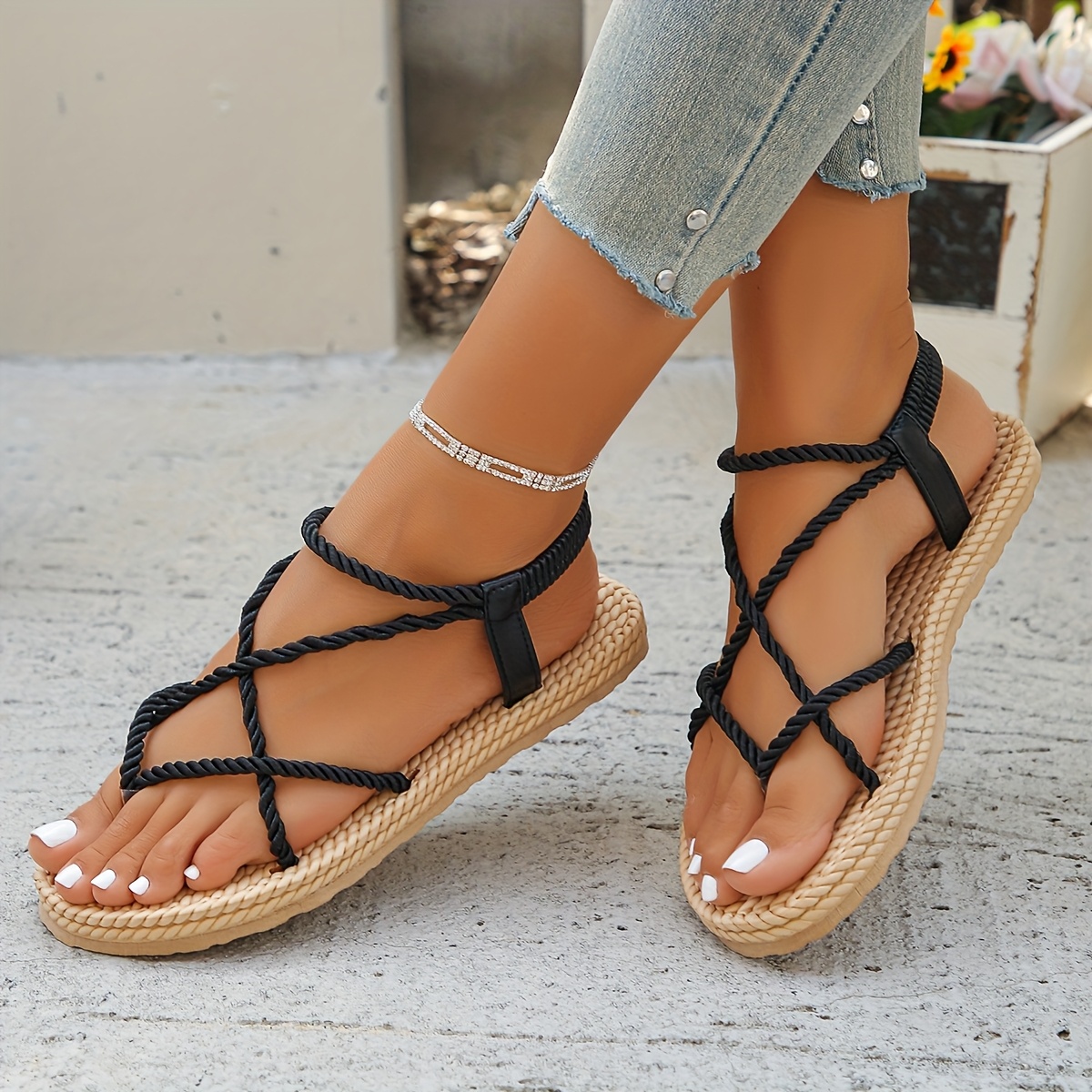 womens stylish braided flat sandals open toe with adjustable black straps lightweight summer   for casual or vacation wear stylish outdoor wear summer shoes   strappy sandals Product details 8