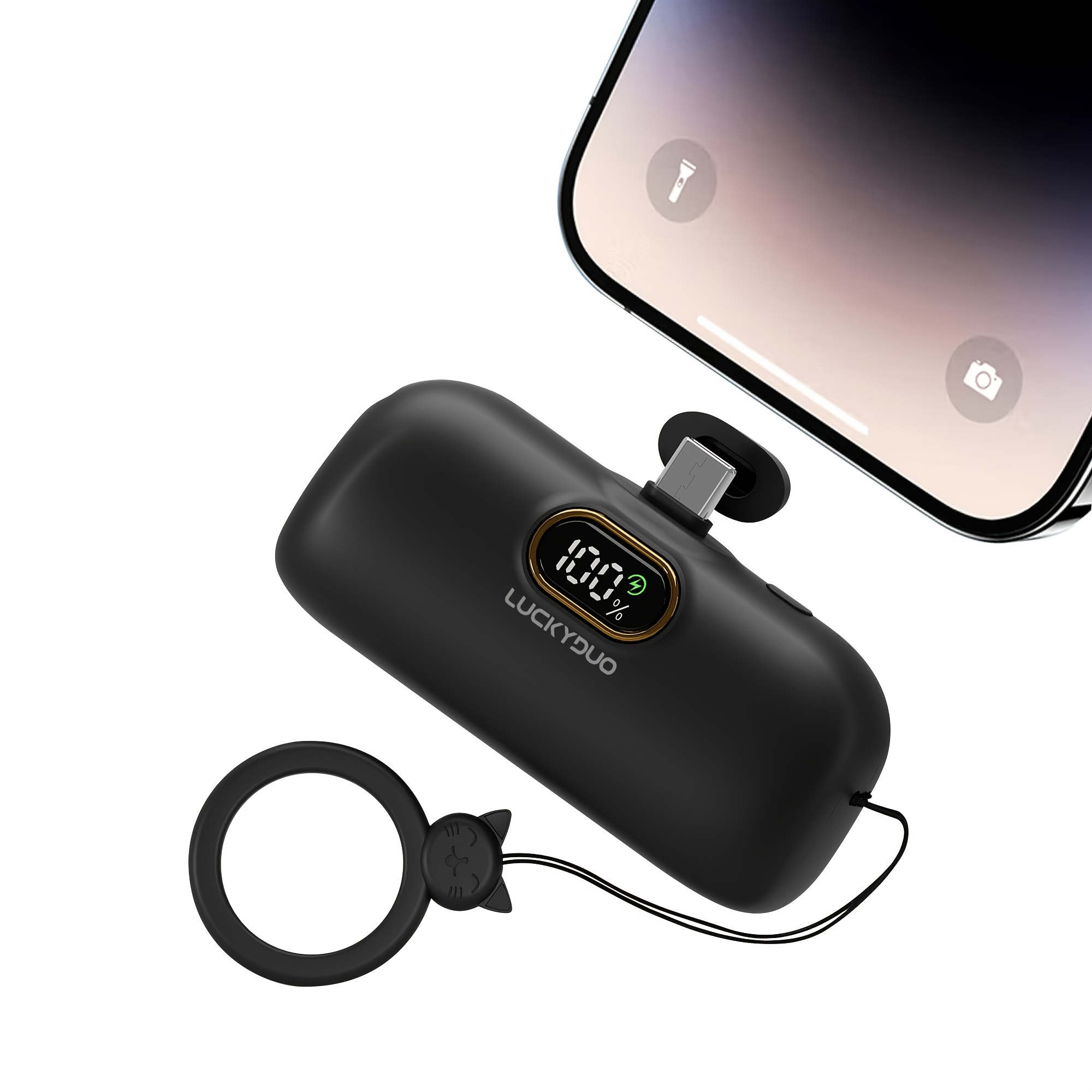 TEMU Bank With A Digital Display, Offering 20w Fast Charging And A Capacity Of 5000mah. It Includes A Lanyard And Usb-c Port For Easy Portability.