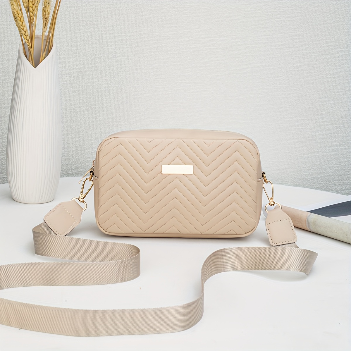 TEMU Women's Crossbody Bag, Simple And Fashionable Embossed Small Square Bag, Outdoor Quilted Shoulder Bag, Solid Color Lightweight Women's
