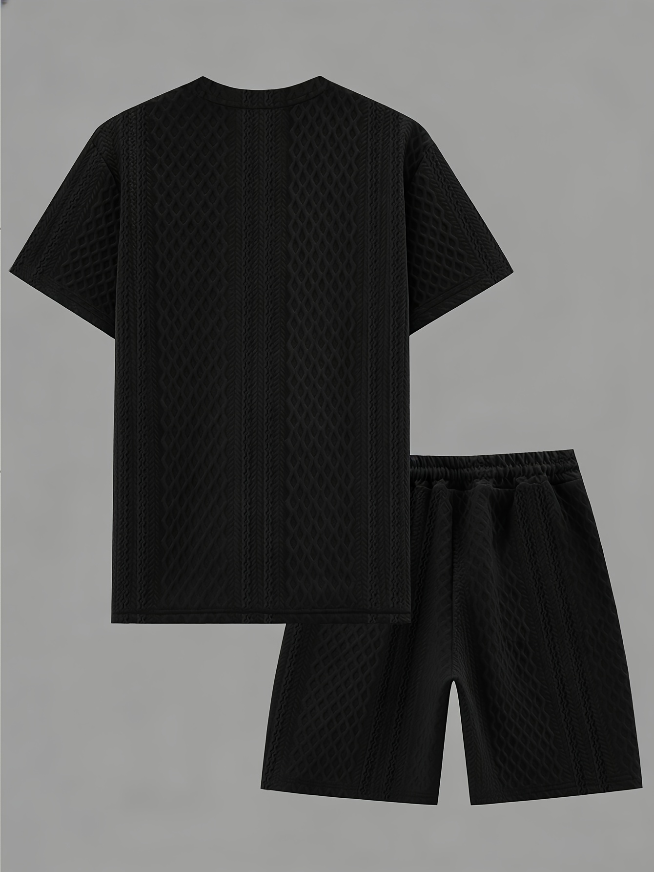 Men's New Textured Fabric Crew Neck T-Shirt + Drawstring Shorts Set