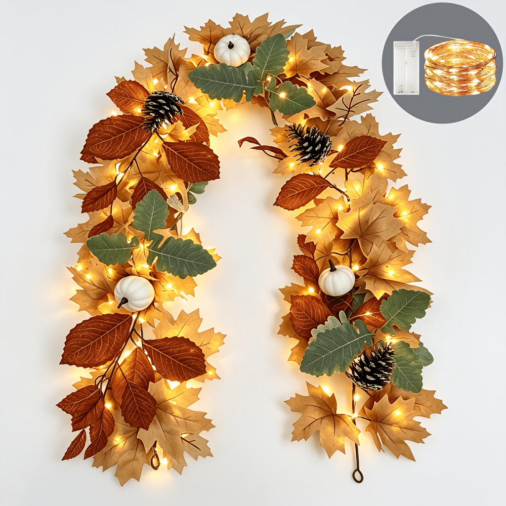 TEMU 2pcs Set Autumn Maple Leaf Vine, 68.98 Inch Maple Leaf Vine With Led String Lights, Aa Battery Compartment (batteries Not Included), Artificial