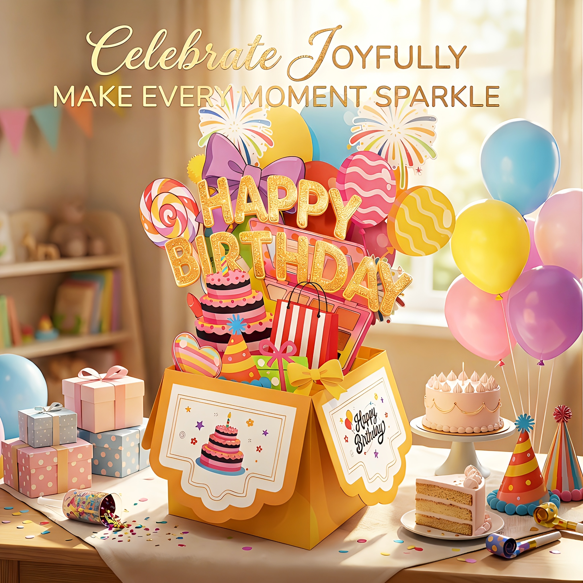 TEMU 3d Pop-up Birthday Greeting Card With Envelope, Colorful Candy And Balloon Gift , Ideal For Birthday Gift, Party Invite, Father's Day, Mother's
