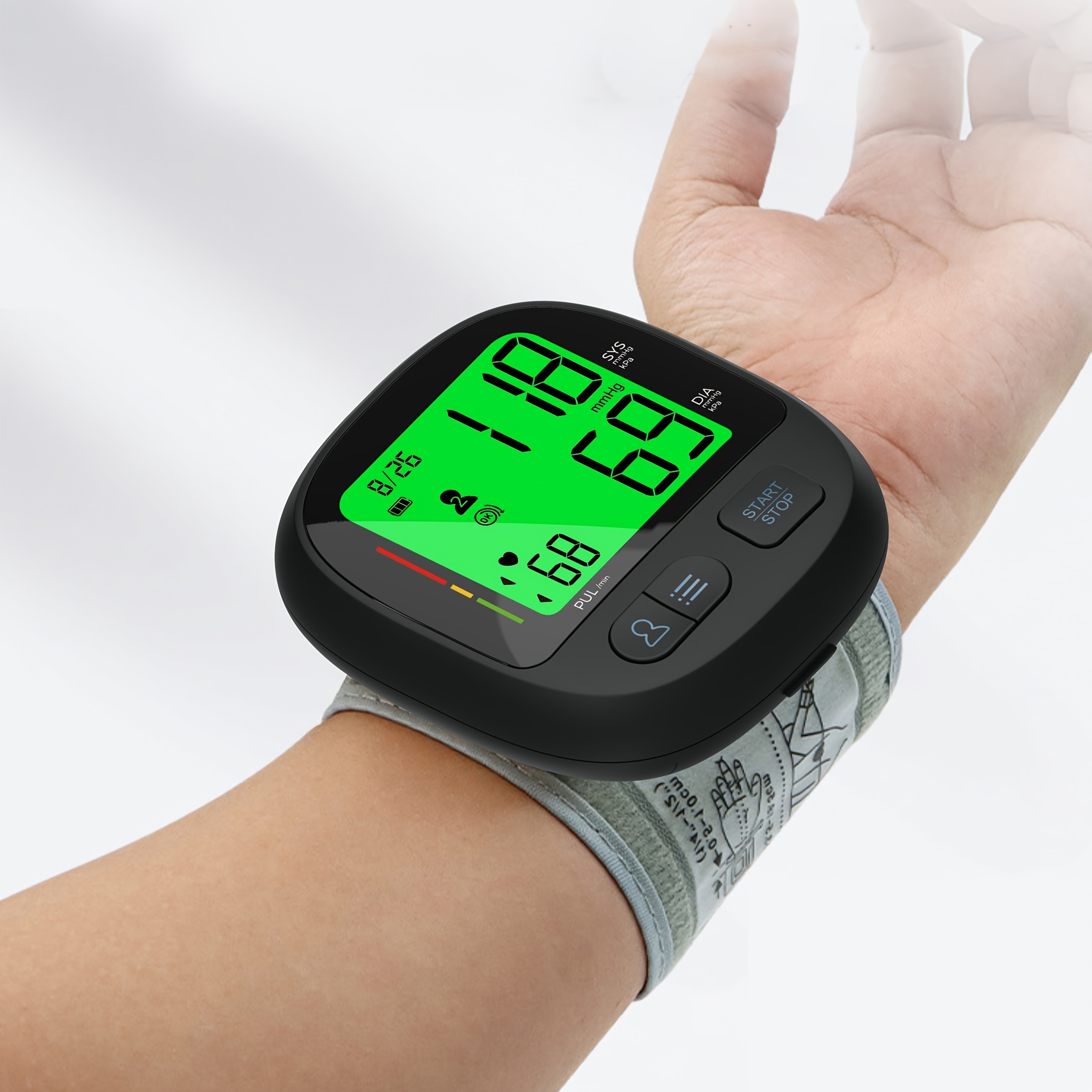 digital wrist blood pressure monitor with automatic cuff featuring 240 memory storage capacity   with a large backlit lcd display     with an   fit grey cuff batteries not included Product details 0