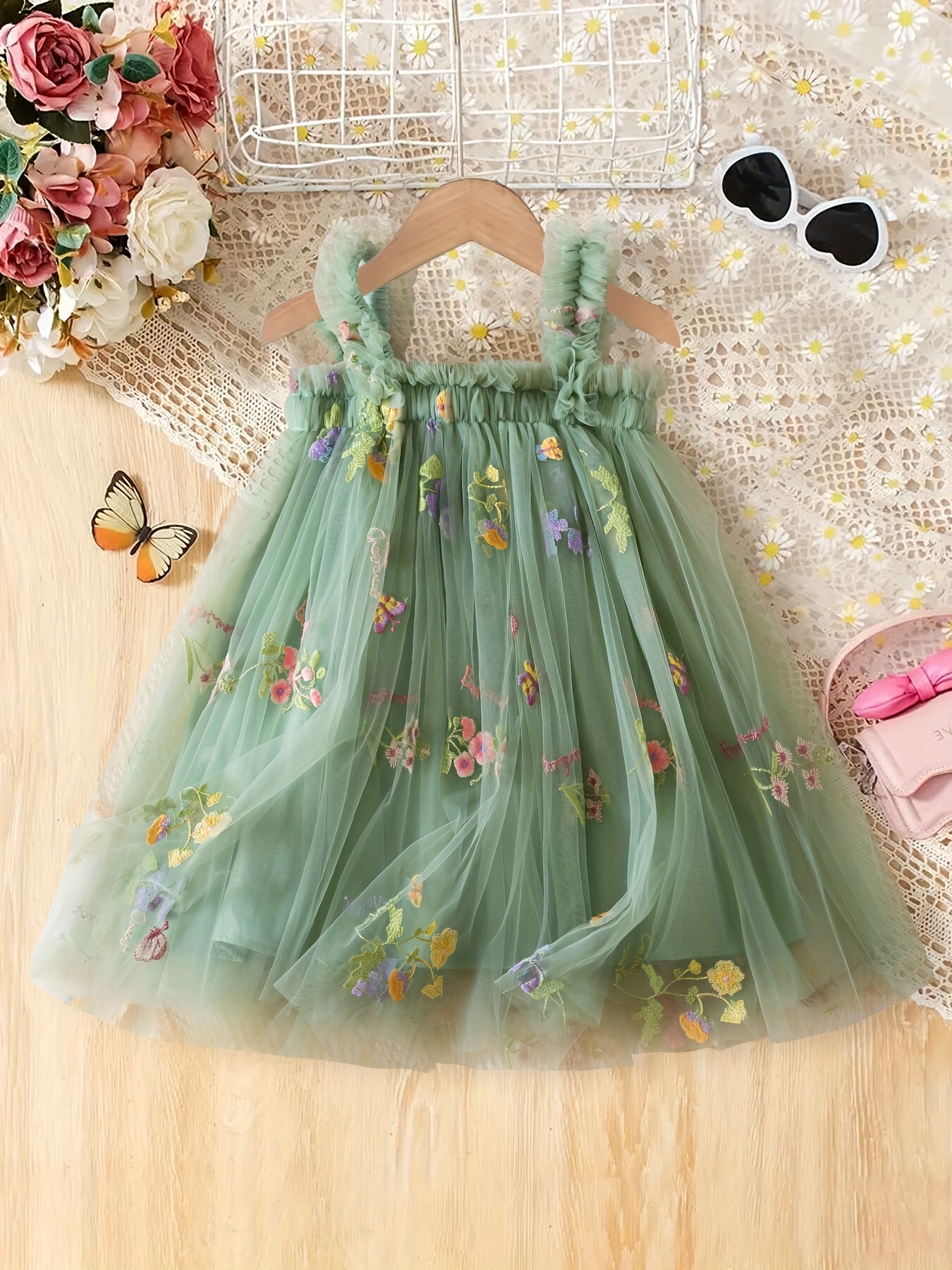 * Princess Dress - Floral And * Embroidery, Light Tulle Overlay with Ruffle  Straps * Summer Parties And Fairytale Themed Events