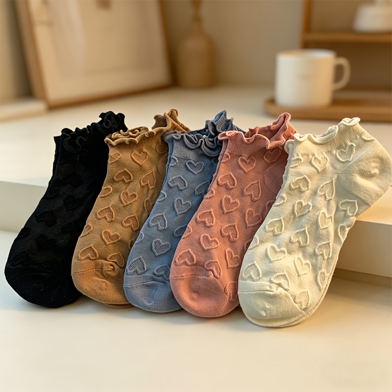 TEMU 5 Paires de Chaussettes Courtes Femme Printemps Été Bordure Dentelle Cœur 2026 Nouvelles Chaussettes Bateau Douces et Féminines Respirantes à