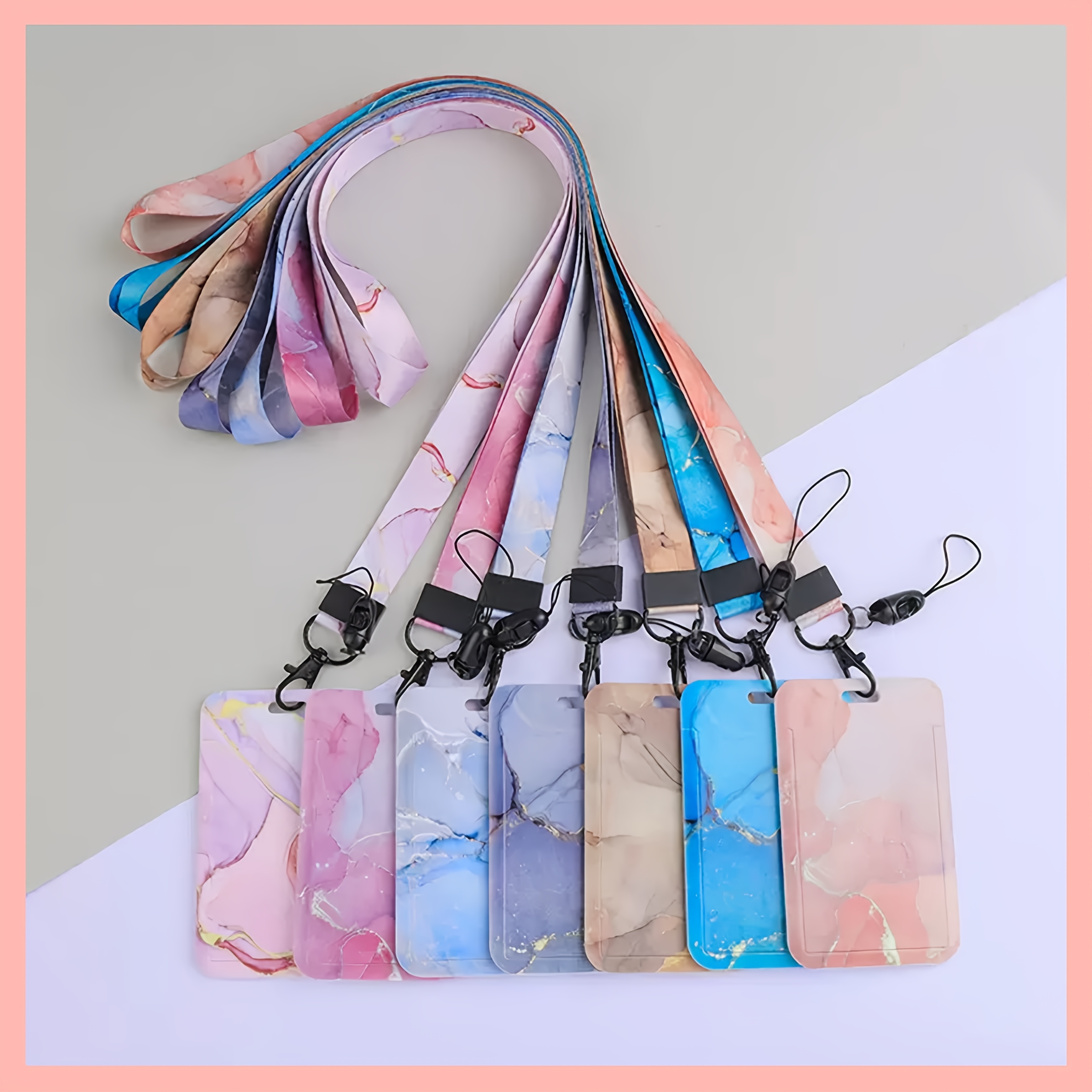 Porte-carte glissante 2D à motif marbre élégant avec lanière colorée - Organisateur de cartes en plastique durable pour étudiants, travail et cartes de transport - Idéal pour l'école et le bureau