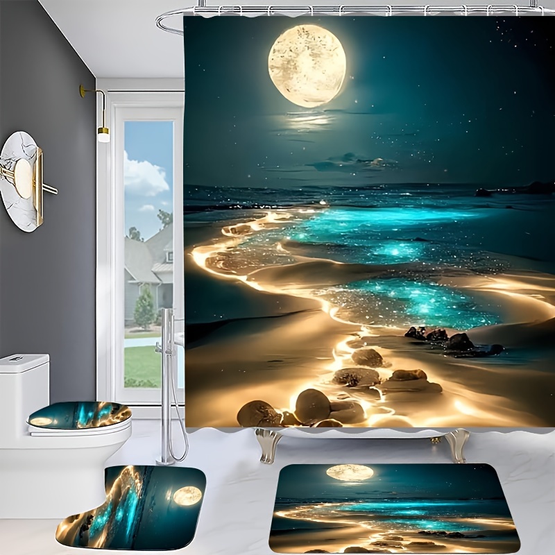 

4pcs Moon Aurora Beach Printed Shower Curtain Set, Waterproof Shower Curtain With Hooks, Non-slip Bathroom Rug, Toilet U-shape Mat, Toilet Lid Cover Pad, Bathroom Decor