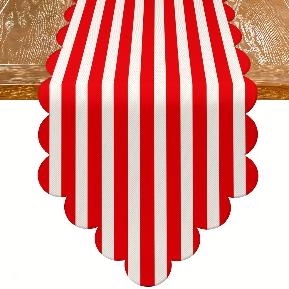 Image of 1pc Scalloped Linen Table Runner, Red White Vertical Stripe Full Print, Minimal Retro Neutral Centerpiece