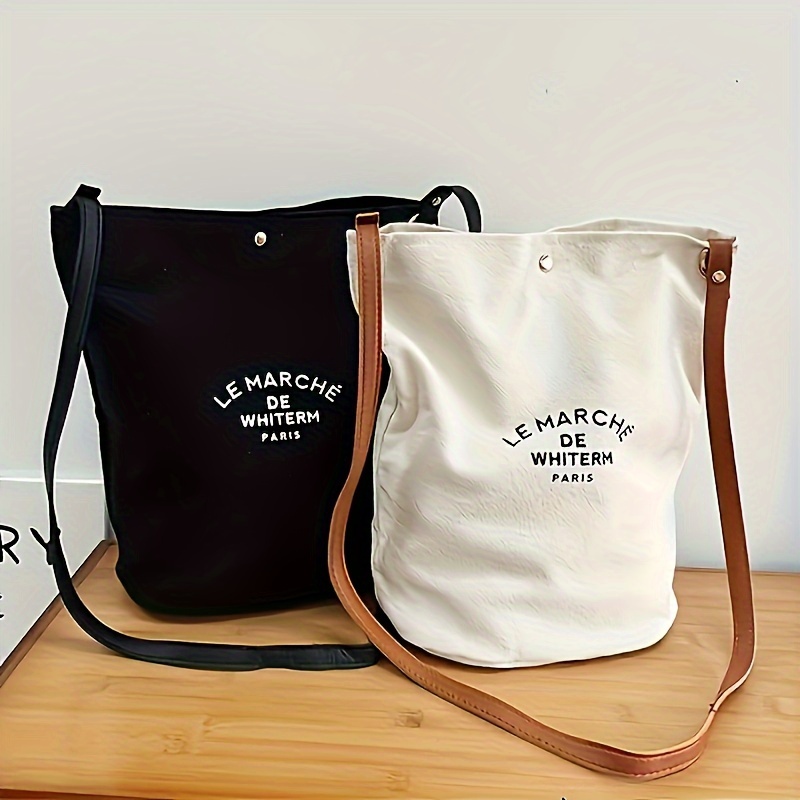 

1pc Casual Canvas Shoulder Bucket Bag, Versatile Shoulder Bag, School Or Shopping Bag