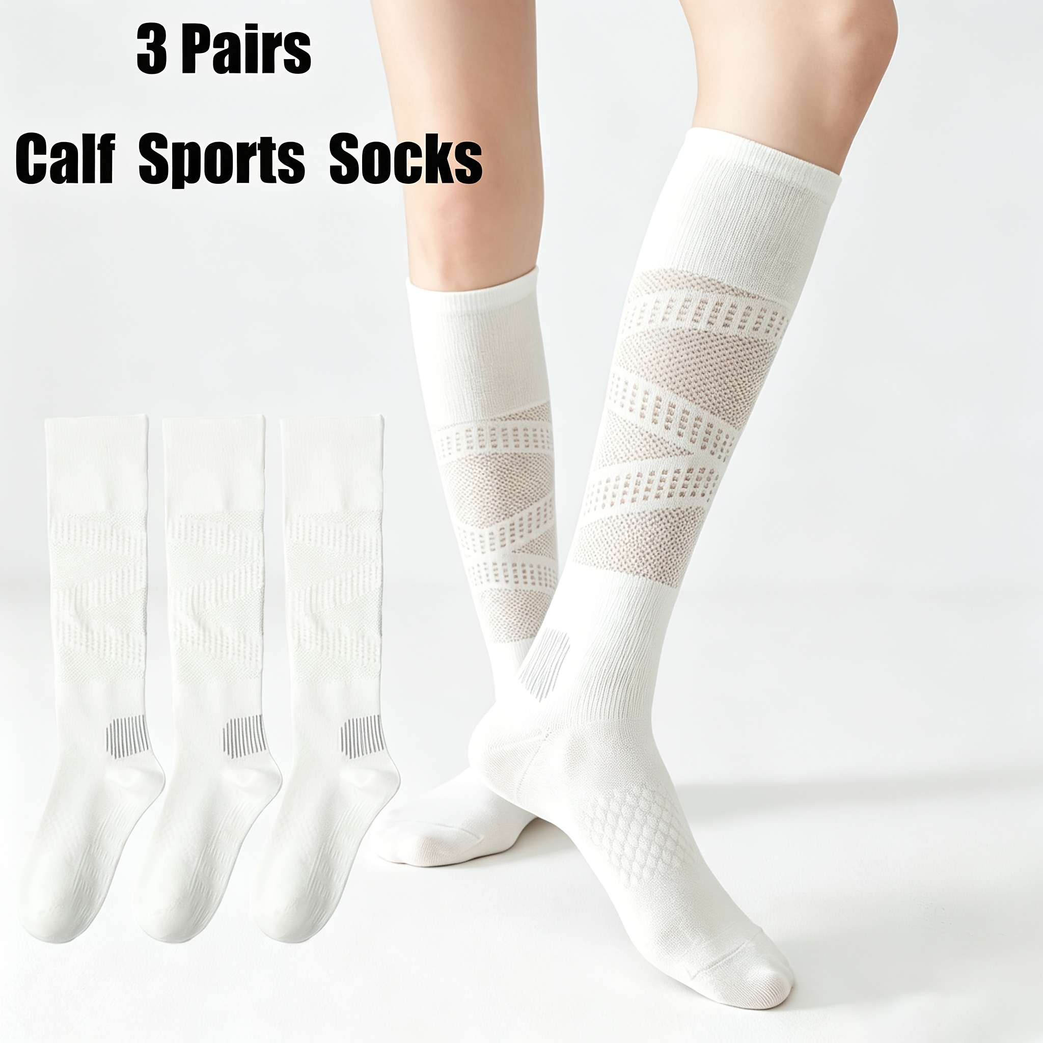 TEMU 3 Pairs White Mesh Compression Sports Calf Socks, Segmented Pressure Design   Breathable Mesh Fabric, High -friendly Material, Style, And