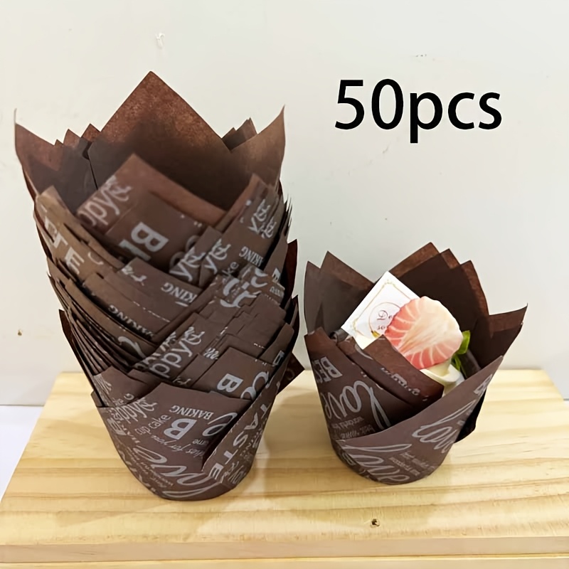 TEMU 50pcs Tulip Cupcakes, Coffee Series (coffee Golden Cloud, , , Coffee Stripes, Coffee Leaves, Coffee ), Greaseproof Cupcakes, For Christmas,