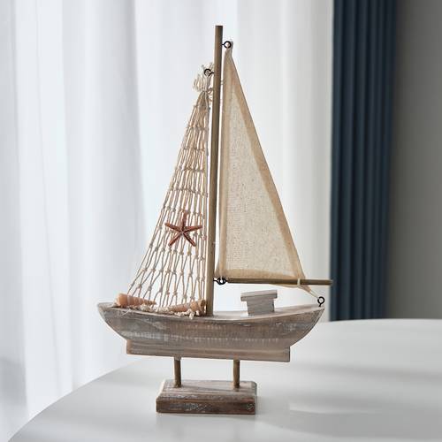 1pc wooden sailboat and mediterranean fishing boat model rustic with net small wooden boat ideal for coastal or beach themed spaces decorative accessory for room decor and event pairing