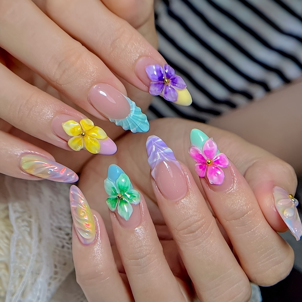 TEMU Lot de 24 faux ongles d'été style île avec fleurs et coquillages 3D en trois dimensions, faux ongles amovibles, art d'ongle , art d'ongle d'