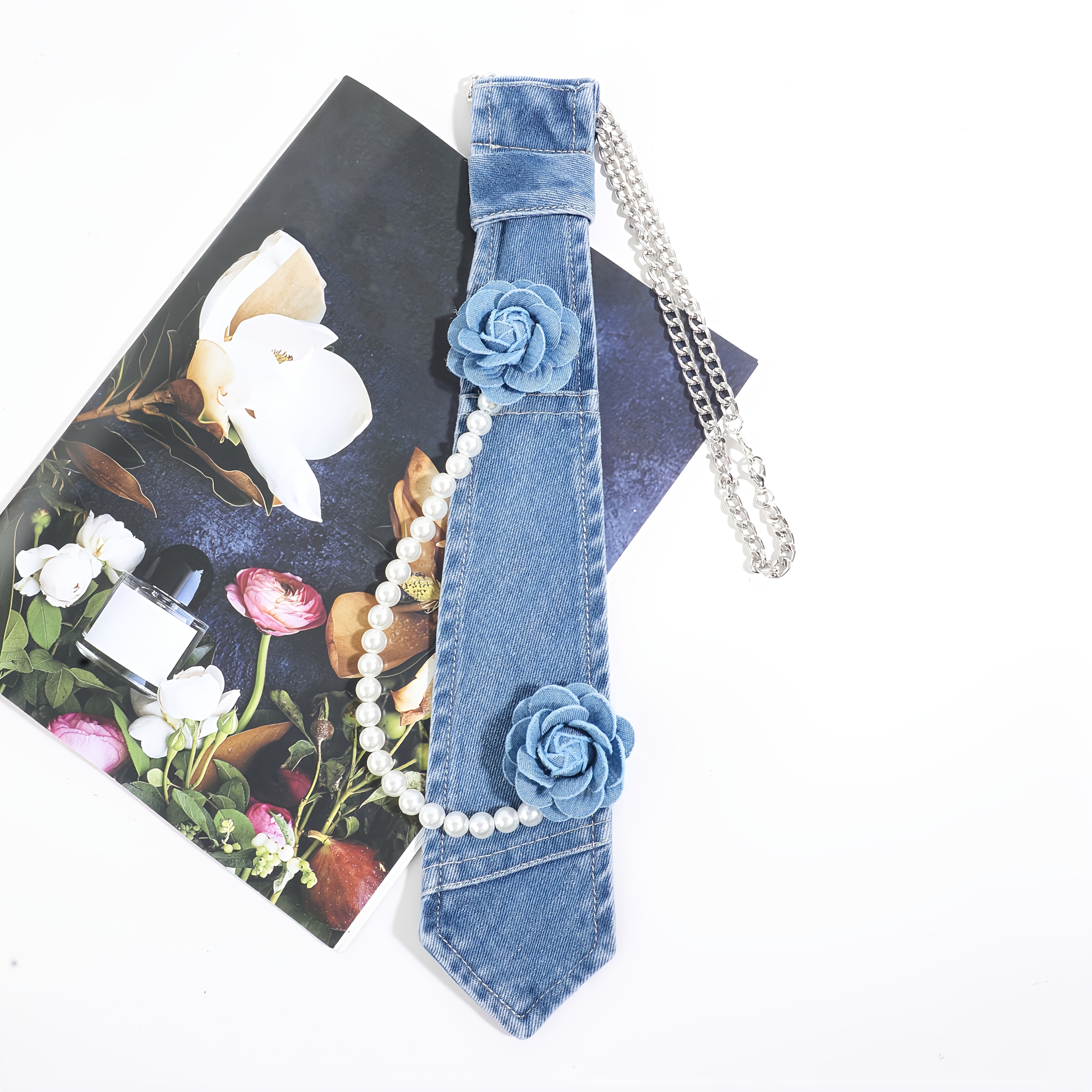 TEMU 1pc Women's Fashion Floral Decorated Detachable No-tie Denim Necktie, Necktie For Parties, Shopping, And Photo Shoots, Necktie For Daily Casual
