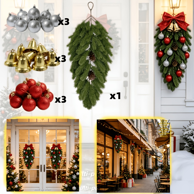 TEMU 10pcs Set = 1 Artificial Pine Branch Garland With Pine Cones   3 Metal Bells   6 Glossy Red And Silvery Christmas Ornaments Diy Decoration Kit.