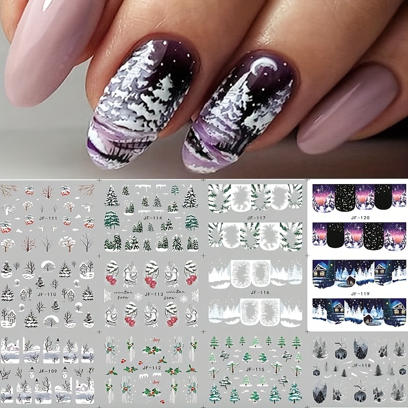 

12pcs Christmas Nail Art Stickers Set - Winter & Snowy , Reusable Self-adhesive Decals For , Best For Christmas