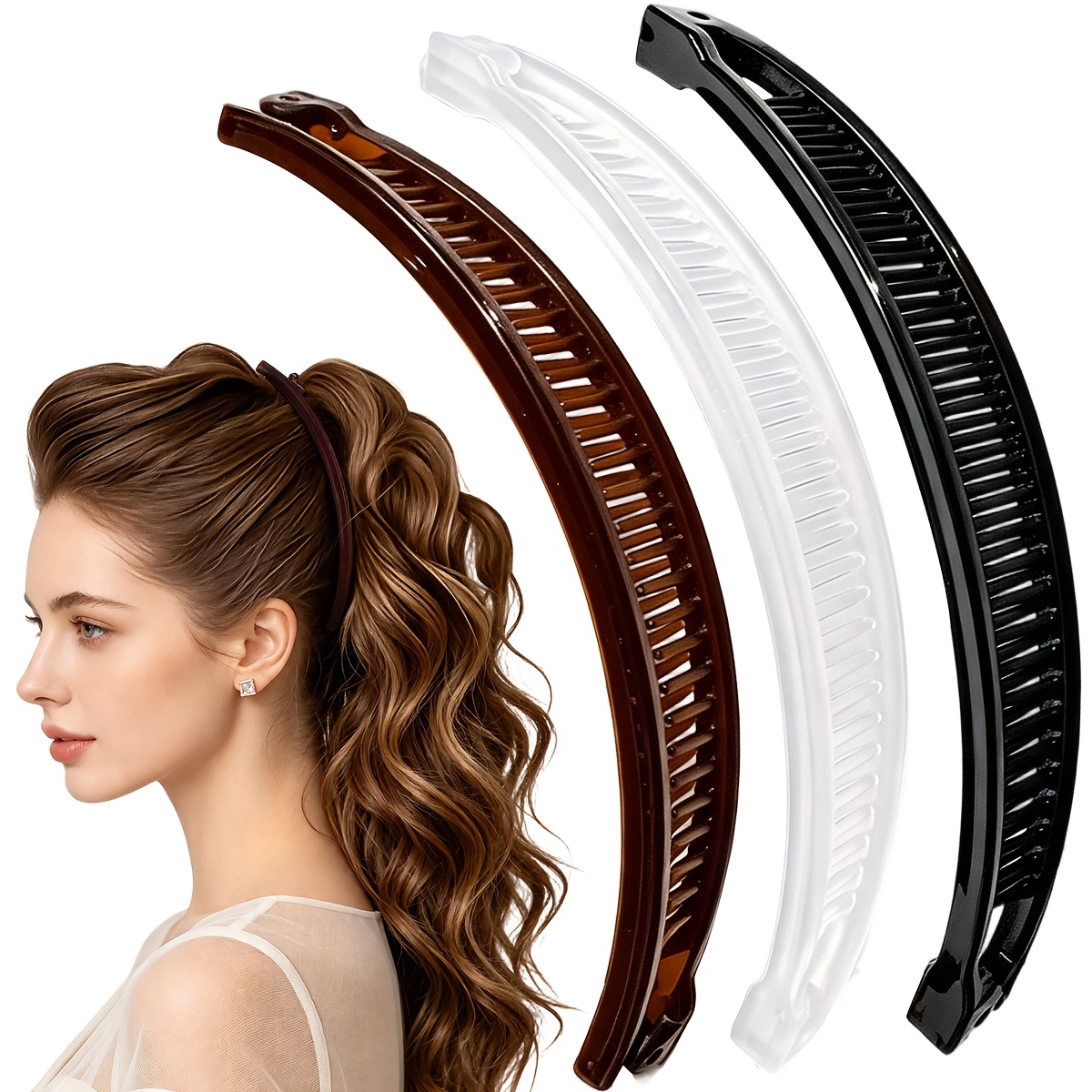 6pcs Women's Large Banana Hair Clips, Claw Clips, Vintage Non-Slip Double-Prong Comb Hair Accessories, Suitable for Thick, Long and Curly Hair - Black, White, Simple, Elegant and Durable