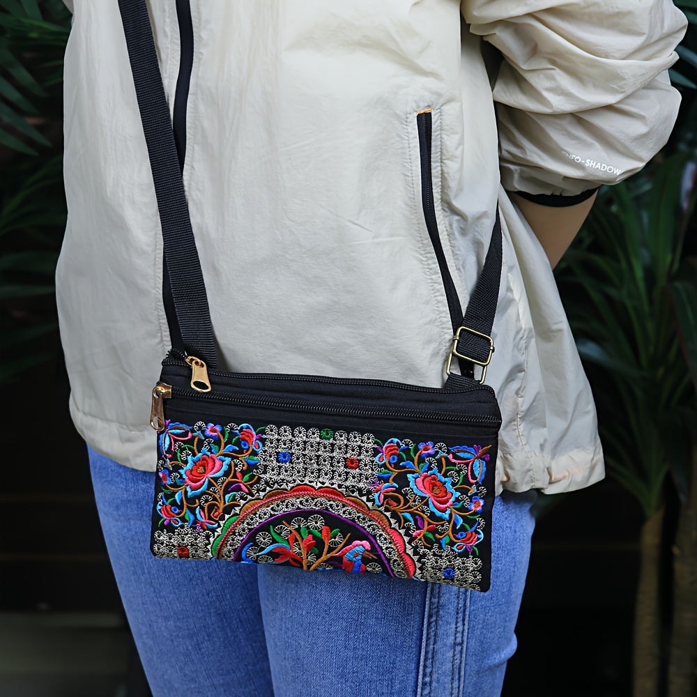 TEMU Exquisite Double-sided Embroidered Floral Pattern, Designed With A Double Zipper Bag, Adjustable Shoulder Strap, Suitable For Mobile Phones, ,