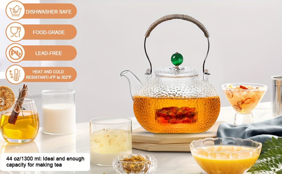 1300ml Glass Teapot With Removable Infuser - Stovetop Safe Borosilicate Teapot For Loose Leaf Tea