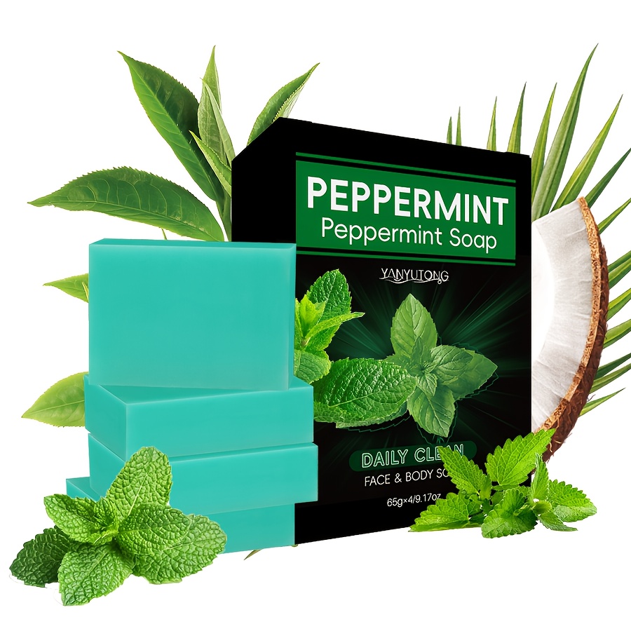 TEMU 65g*4 Pieces Pure Peppermint Soap, Suitable For Face And Body Massage And Cleansing, Deep Cleansing Handmade Body And , Peppermint Essential Oil Moisturizing Travel Soap