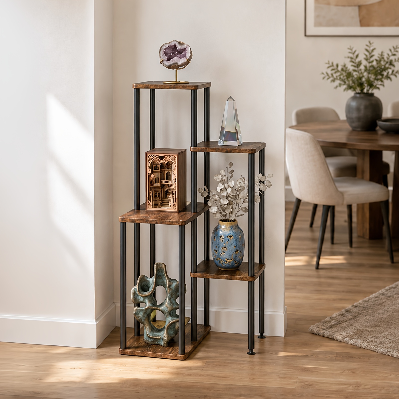 TEMU Estantería de oficina de 5 niveles, de estanterías de gran capacidad, estantería de diseño abierto, estantes de esquina de madera tipo escalón,