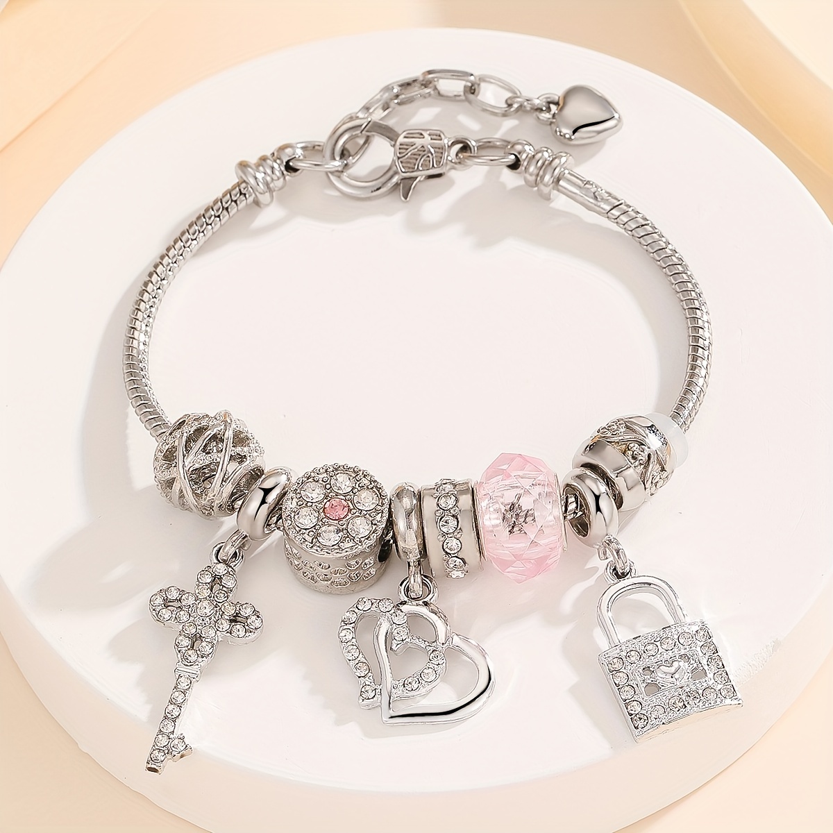 

Charm Bracelet For Women, 1pc, Silvery With Pinkish Accents, Rhinestone-embellished Hollow Heart, Key & Lock Pendants, Lobster Clasp, Snake Chain Design, Elegant & Cute Style