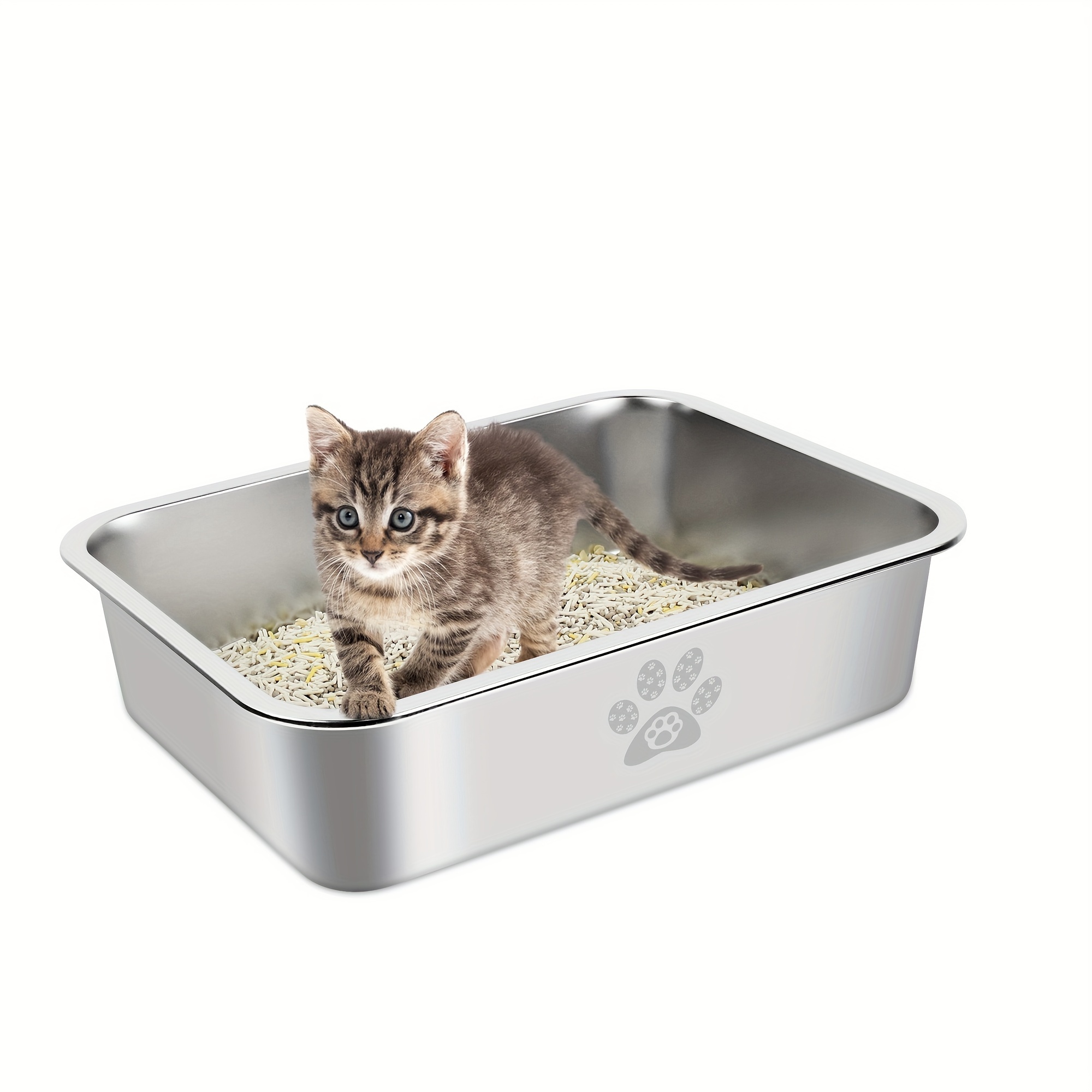 

Stainless Steel Cat Litter Box High Side Kitten Toilet Metal Cats Litter Pan, Splash-proof And Non-stick Cat Poop Box Odorless Pet Cleaning Tool Pet Products 15.7"x11.8"x3.9
