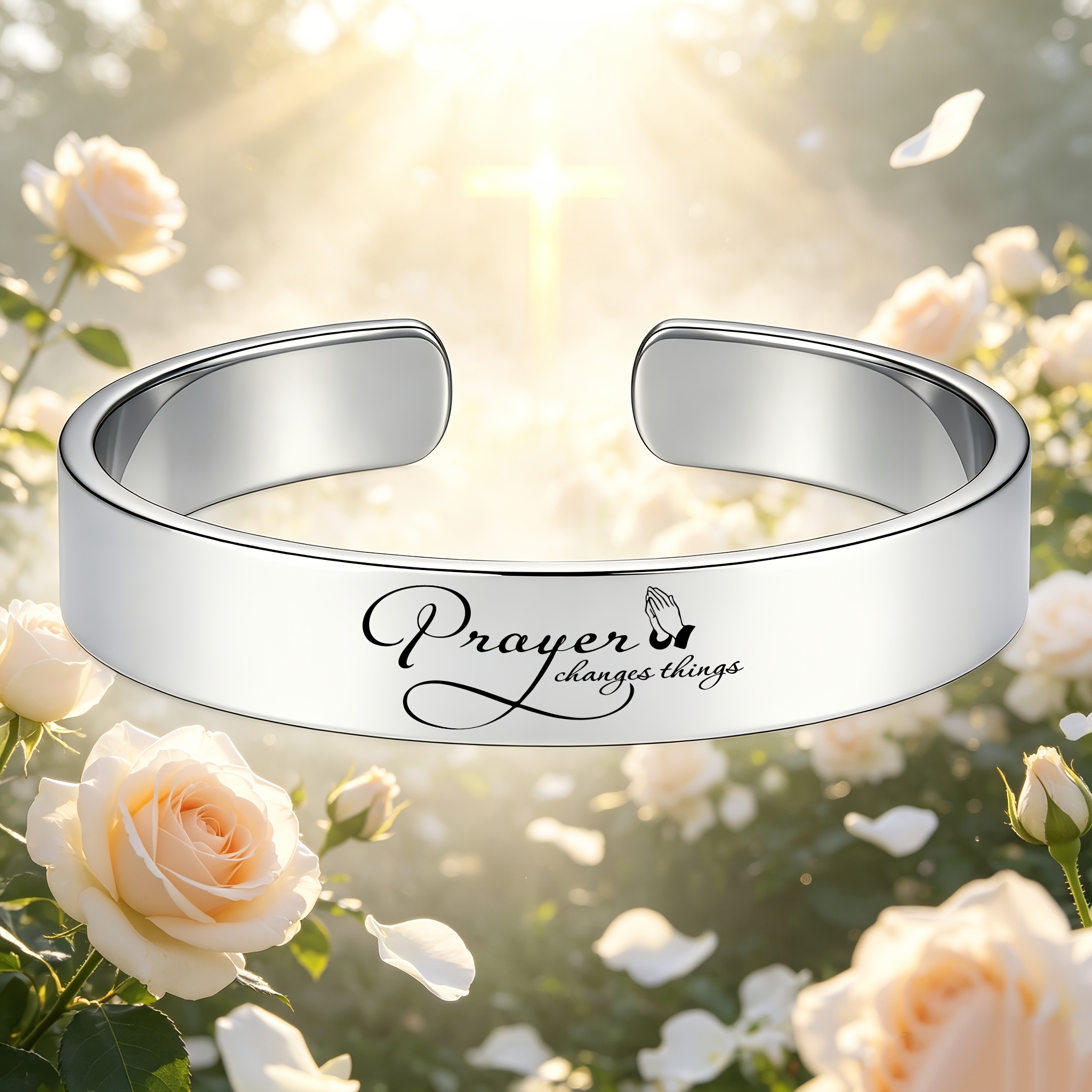 Men's 304 Stainless Steel Prayer Gesture Open Bangle, Faith Accessory