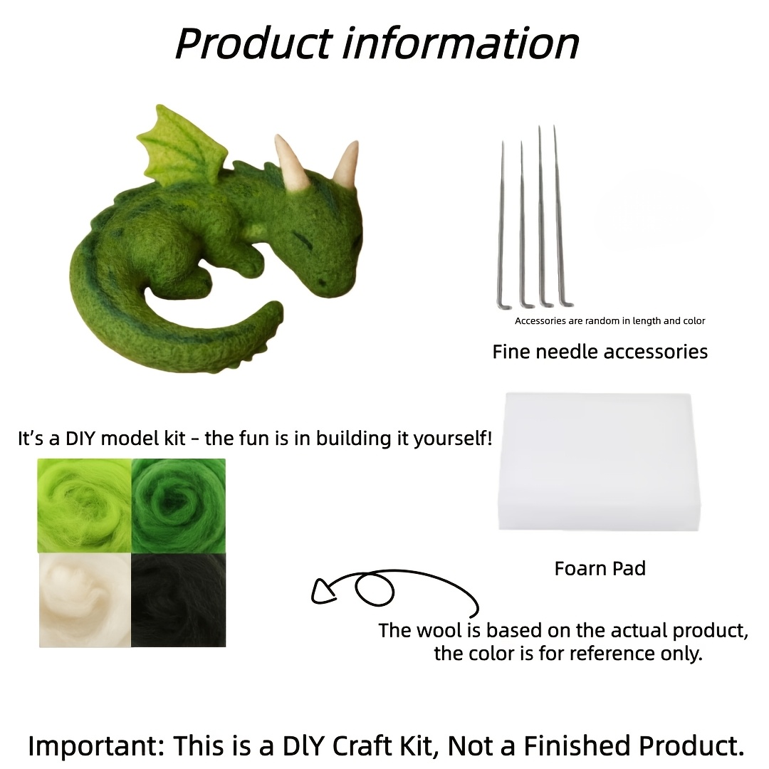 E-shop Kit, Wollfilz Grüner Drachen Muster Bastelmaterial, (Zufällige Ergänzungen, je nach tatsächlichem Empfang), Vollständiges englisches Tutorial