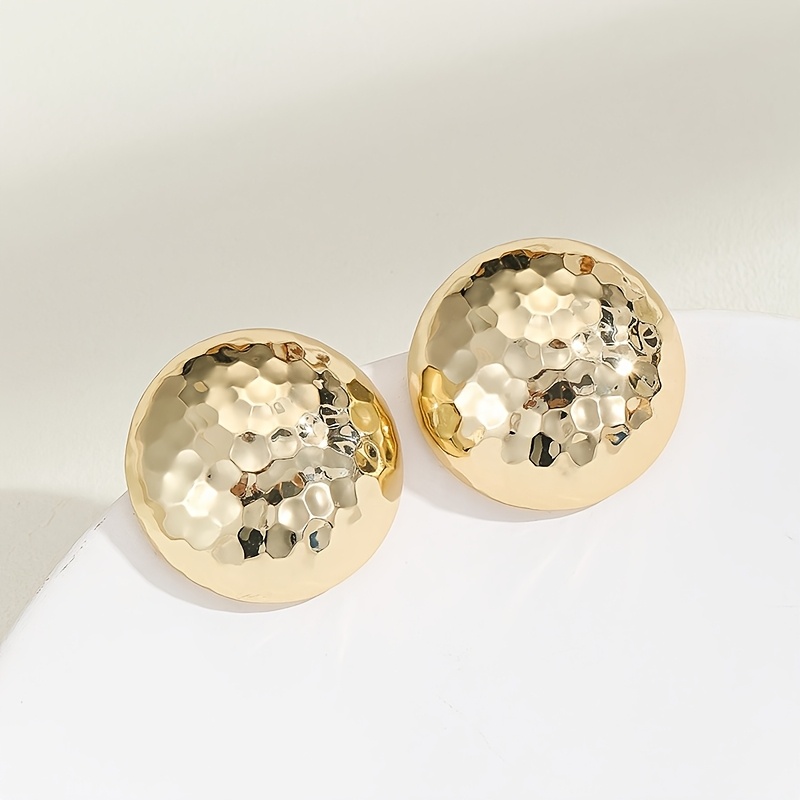 Hammered Metal Half Sphere Stud Earrings Golden Textured Iron Material