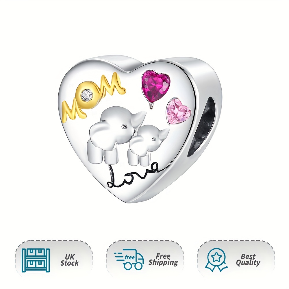 925 Silver Elephant Heart Charm Pendant Pink CZ Perfect Gift for Mom