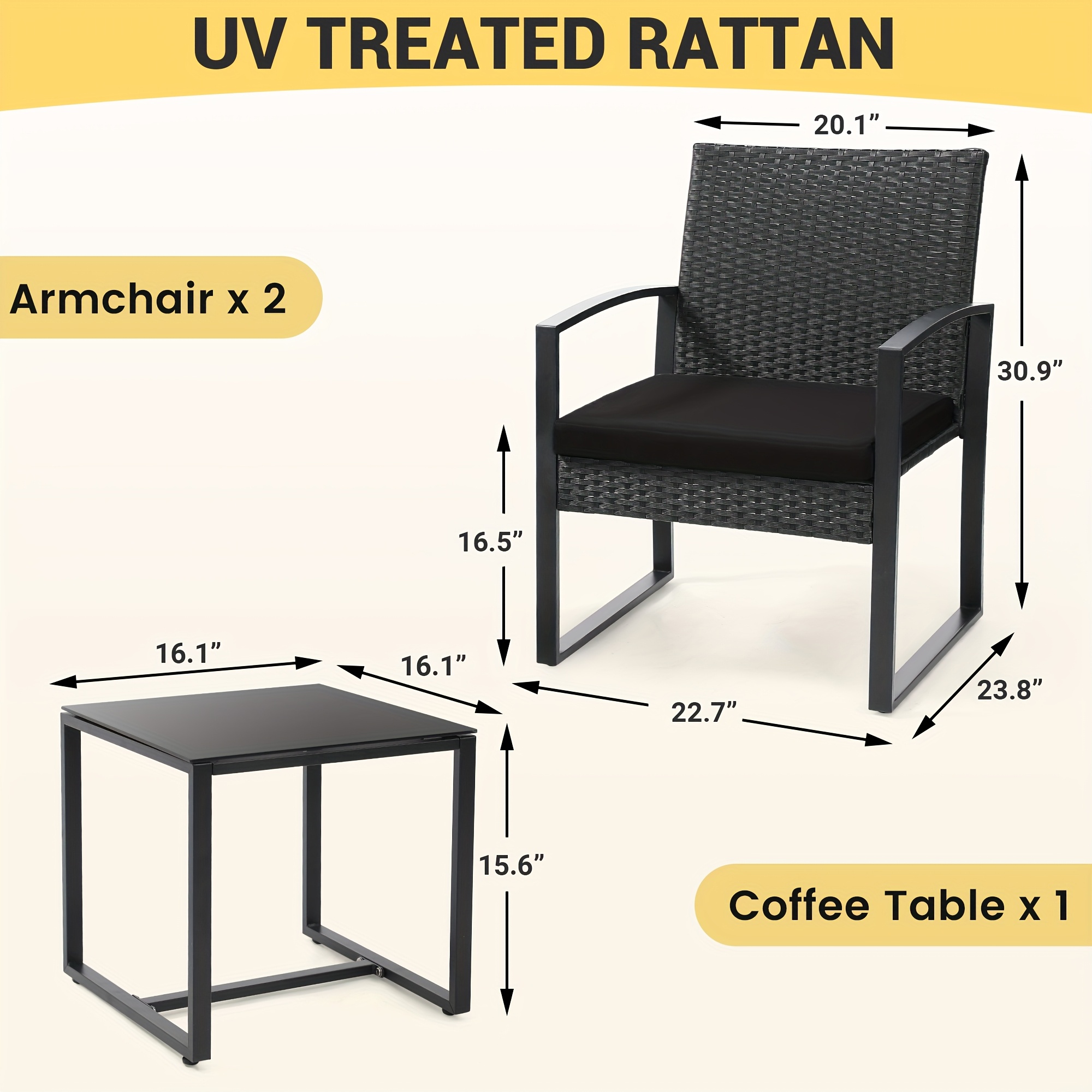 3pcs Rattan Bistro Set Outdoor Patio Furniture Conversation Set Featuring 2 Chairs And 1 Safety Glass Top Table, with Plush Cushions, on, Perfect for Your Backyard 13 3pcs Rattan Bistro Set, Outdoor Patio Furniture Conversation Set Featuring 2 Chairs And 1 Safety Glass Top Table, with Plush Cushions, on, Perfect for Your Backyard