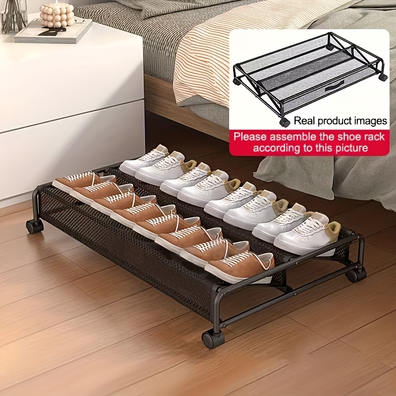 TEMU [shoe Storage Box]space-saving Under-bed Shoe Rack With 4 Rotating Casters, Durable Metal Storage Box For Easy Shoe Storage And Organization,
