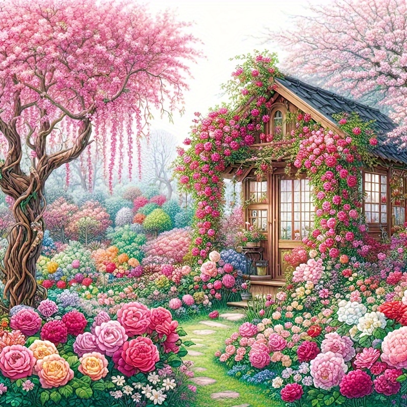 

Dreamy Rose Cottage Landscape Diamond Painting Kit, Acrylic Round Diamond Art Wall Decor, 3d Diy Crafts Set For Home, Garden, Bedroom, Living Room Decoration Gift